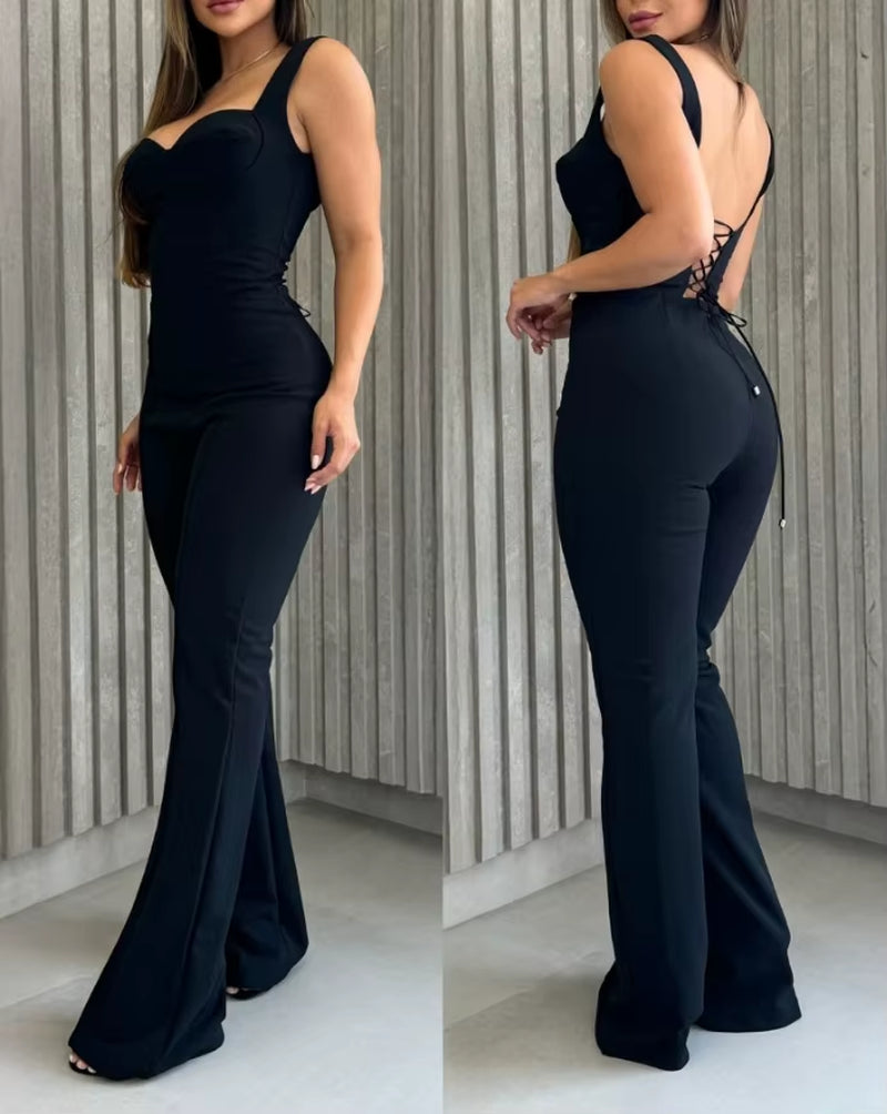 Jumpsuit Women 2024 Summer Fashion Guipure Lace Spaghetti Strap Sheer Mesh Backless Sleeveless Casual Skinny Daily Jumpsuit