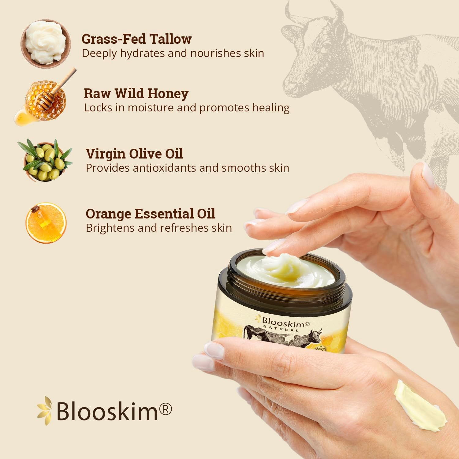 Beef Tallow for Face – Whipped Tallow Balm with Honey – Beef Tallow Moisturizer for Skin – Tallow Face Moisturizer for Wrinkles, Dry Skin, and Fine Lines – Beef Tallow Lotion - 4.23 Oz