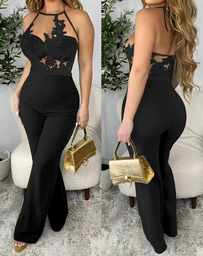 Jumpsuit Women 2024 Summer Fashion Guipure Lace Spaghetti Strap Sheer Mesh Backless Sleeveless Casual Skinny Daily Jumpsuit