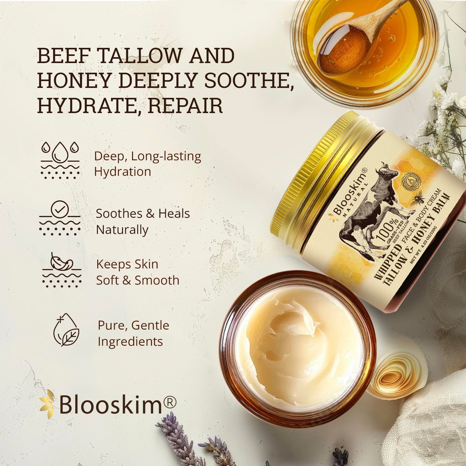 Beef Tallow for Face – Whipped Tallow Balm with Honey – Beef Tallow Moisturizer for Skin – Tallow Face Moisturizer for Wrinkles, Dry Skin, and Fine Lines – Beef Tallow Lotion - 4.23 Oz